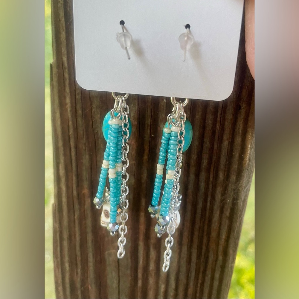 Turquoise and Silver Skull Dangle Earrings - Picture 4 of 6